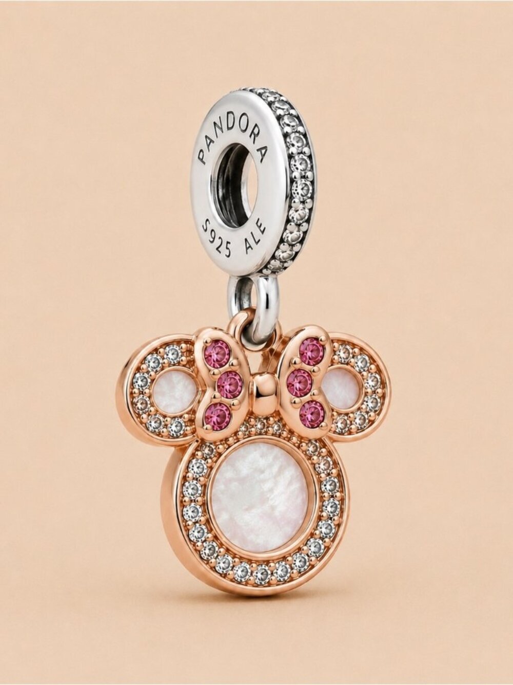 Pandora Rose Gold Minnie Head Charm with Pink Stones and Mother-of-Pearl